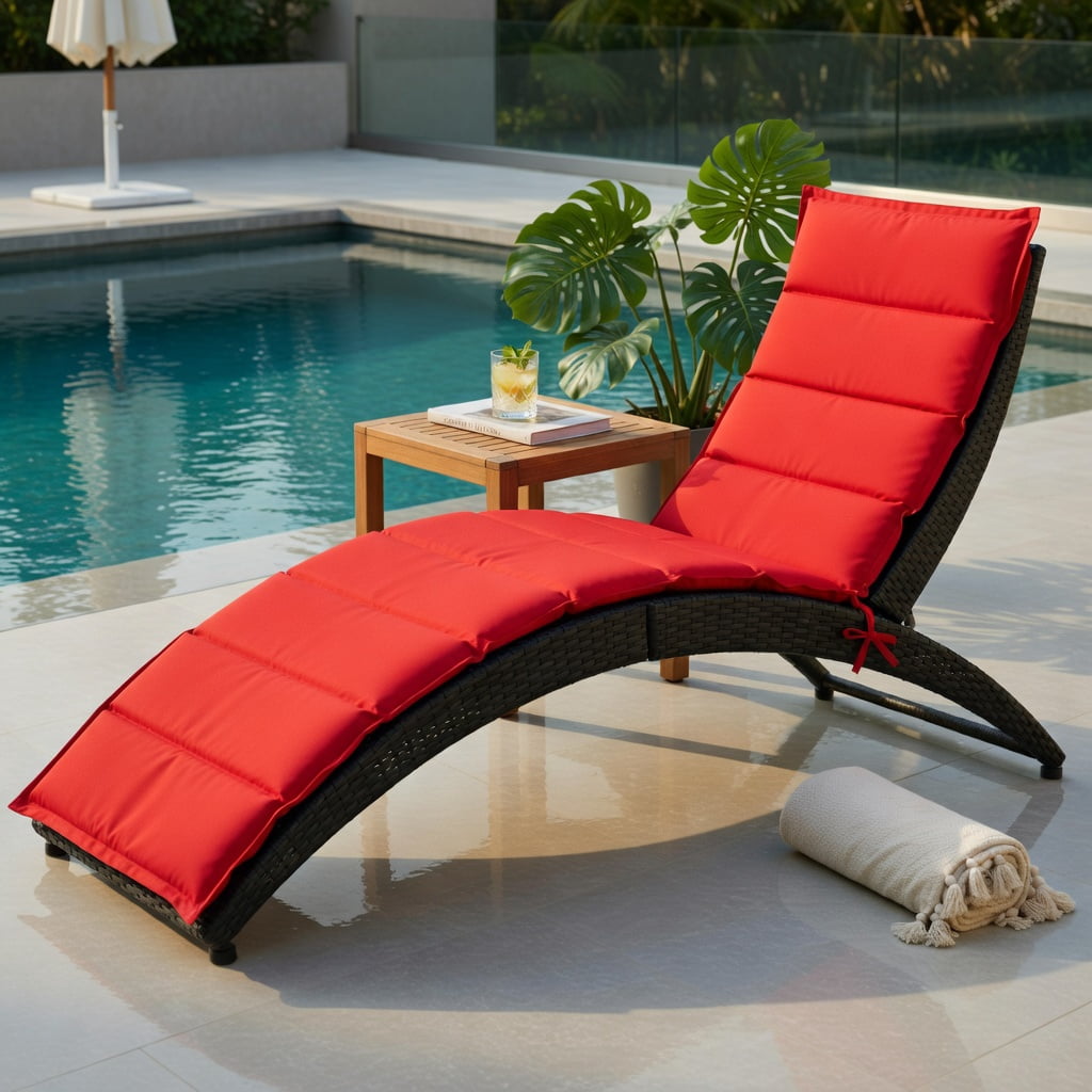 Hommoo Foldable Outdoor Rattan Lounge Chair with Thick Cushion, PE Wicker Chaise for Patio, Poolside & Garden, Red