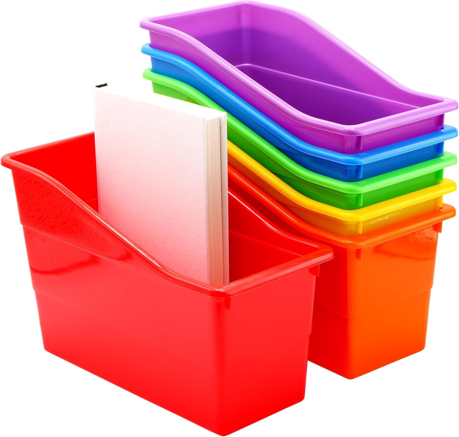 4E's Novelty Book Bin Organizer Set of 6, Plastic Vertical Binder Holder for Classroom, Rainbow Colors
