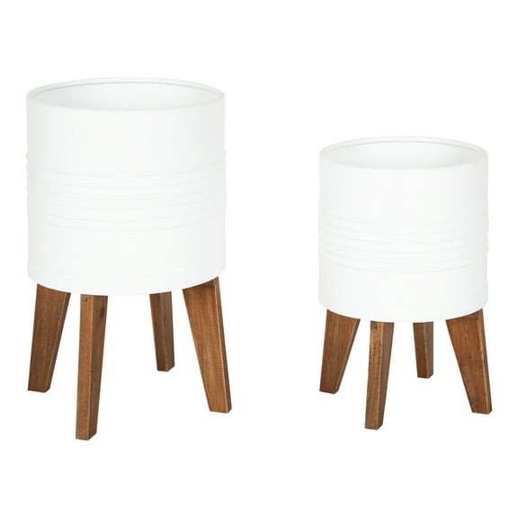 Kate and Laurel Gavri Rustic Farmhouse Metal and Wood Tabletop Planter Set, 2 Piece, White, Decorative Metal Planter Centerpiece for Table