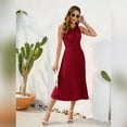 thumbnail image 2 of IWEMEK Women Casual Summer Dress Semi Formal Dinner Outfits Pom Pom Keyhole Halter Neck Red Pleated Dresses for Ladies, 2 of 7