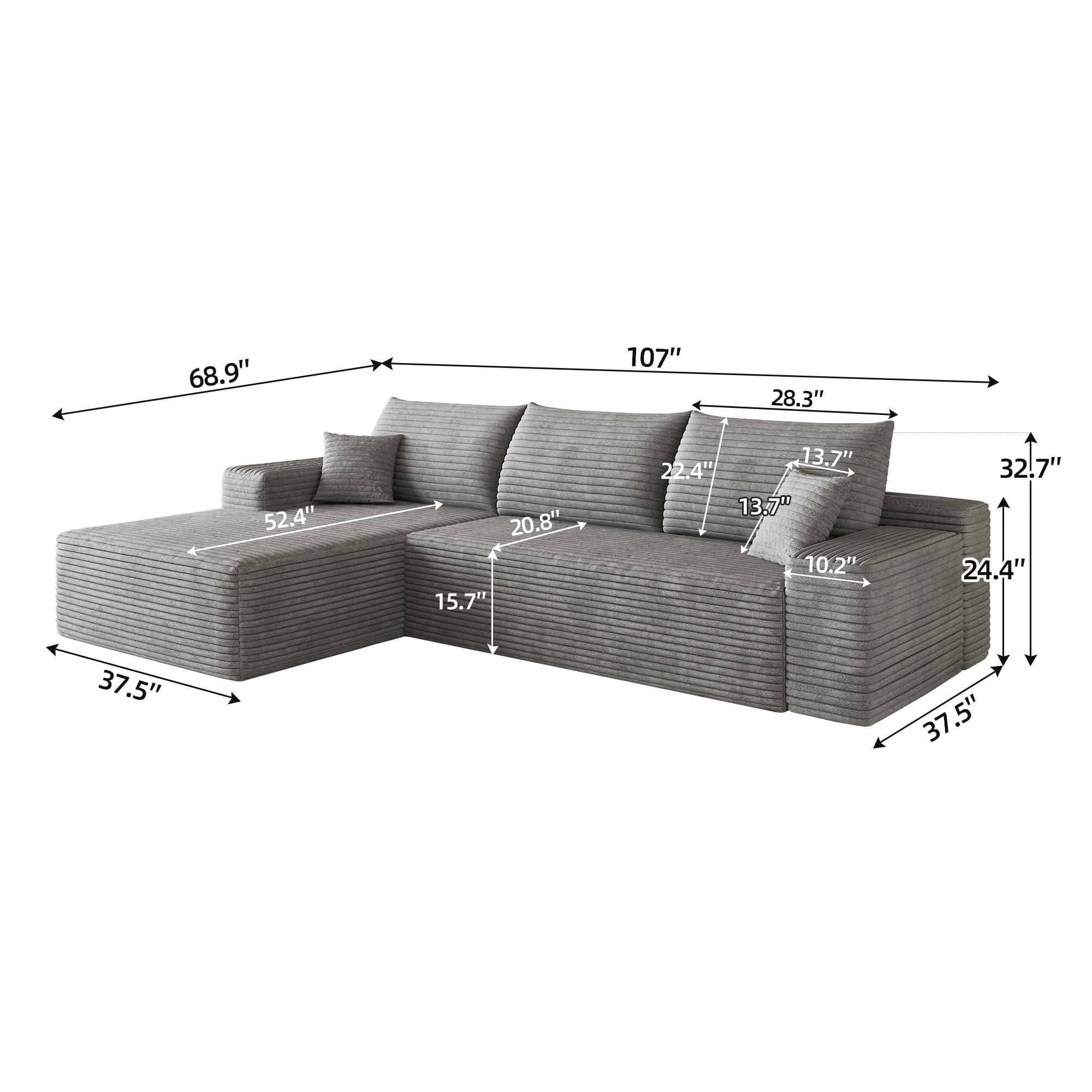 MAYEERTY 107 Inch L‑Shape Cloud Sectional Couch with Chaise, Modern Modular Deep‑Seat Sofa, Plush Corduroy Upholstered Couch, No Assembly Required for Living Room Bedroom Apartment
