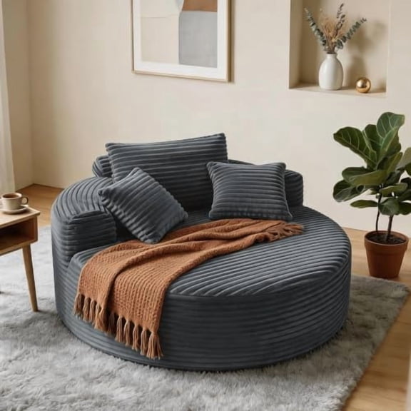 Gray Oversized Corduroy Round Lounge Chair, Fluffy Deep‑Seat Sleeper Sofa, No Assembly Required