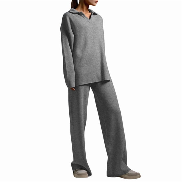 Conjuntos de Dos Piezas para Mujer, Sudadera de Larga con Cuello en V y Pantalones Anchos, Conjuntos de Chándal para Estar en Casa Gris M