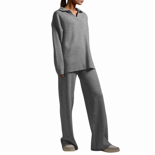 Conjuntos de Dos Piezas para Mujer, Sudadera de Larga con Cuello en V y Pantalones Anchos, Conjuntos de Chándal para Estar en Casa Gris M