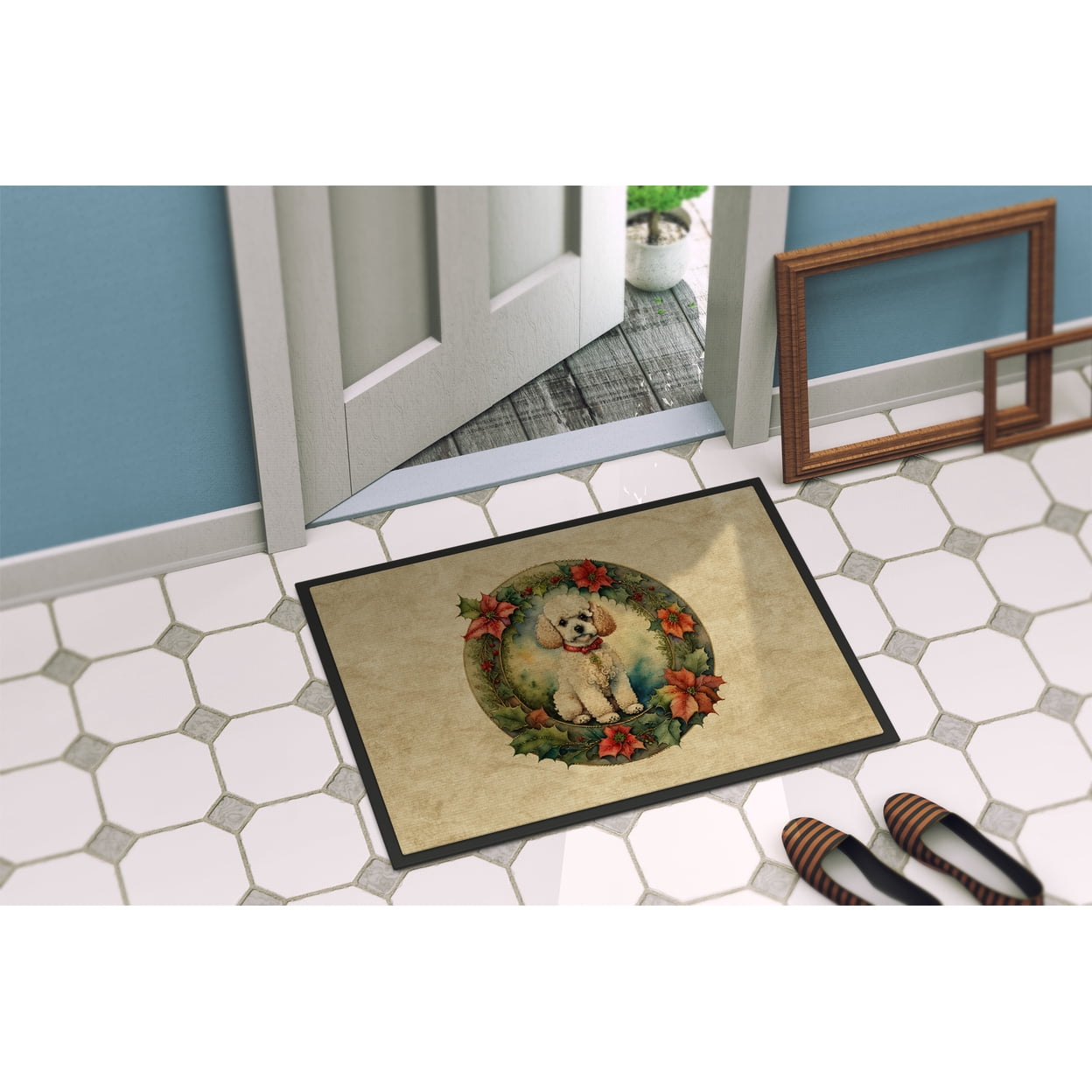 Carolines Treasures DAC2409MAT 18 x 27 in. Unisex Poodle Christmas Flowers Doormat