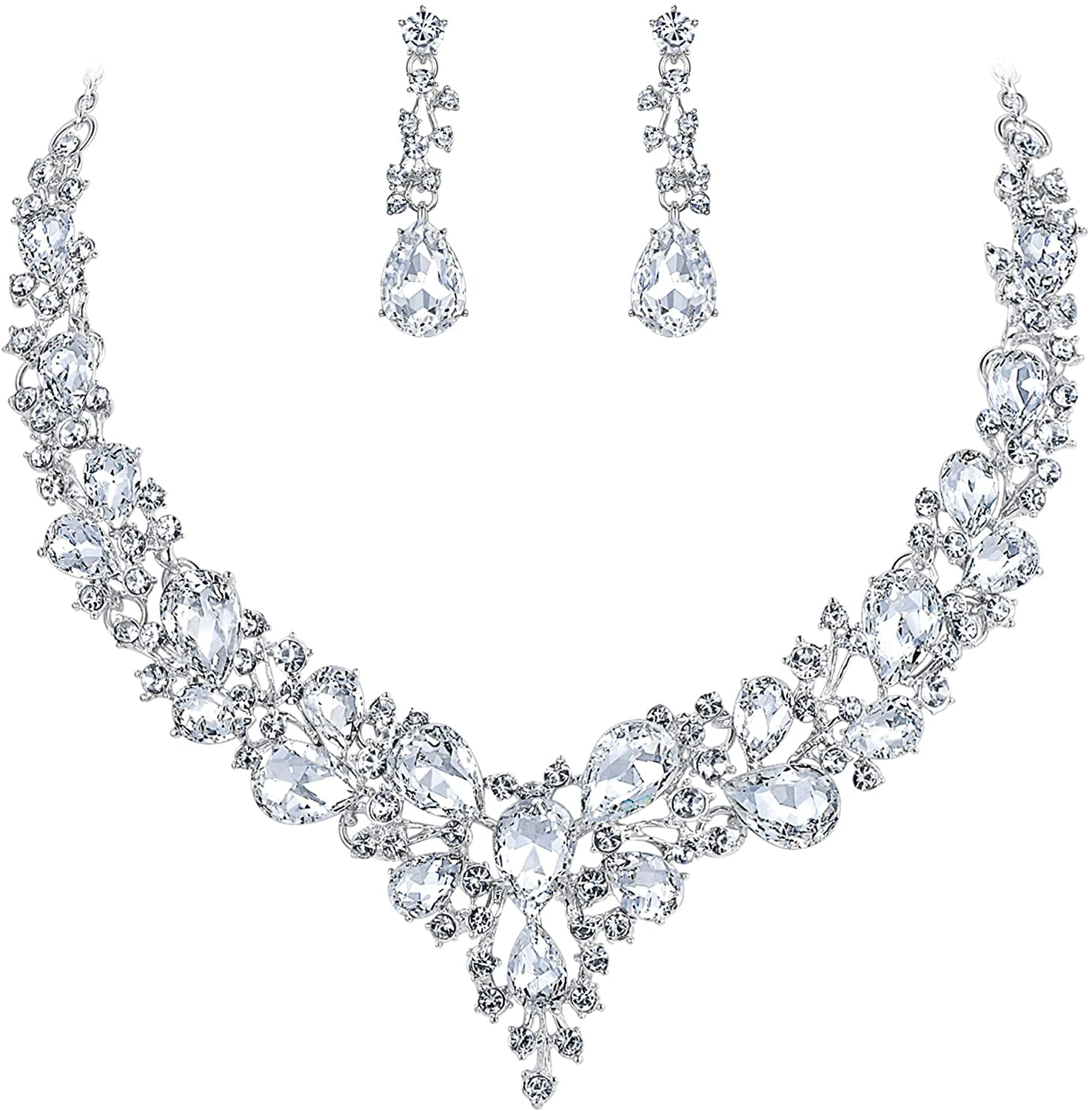 BriLove Womens Wedding Bridal Crystal Enamel Multi Teardrop Cluster Statement Necklace Dangle Earrings Set 