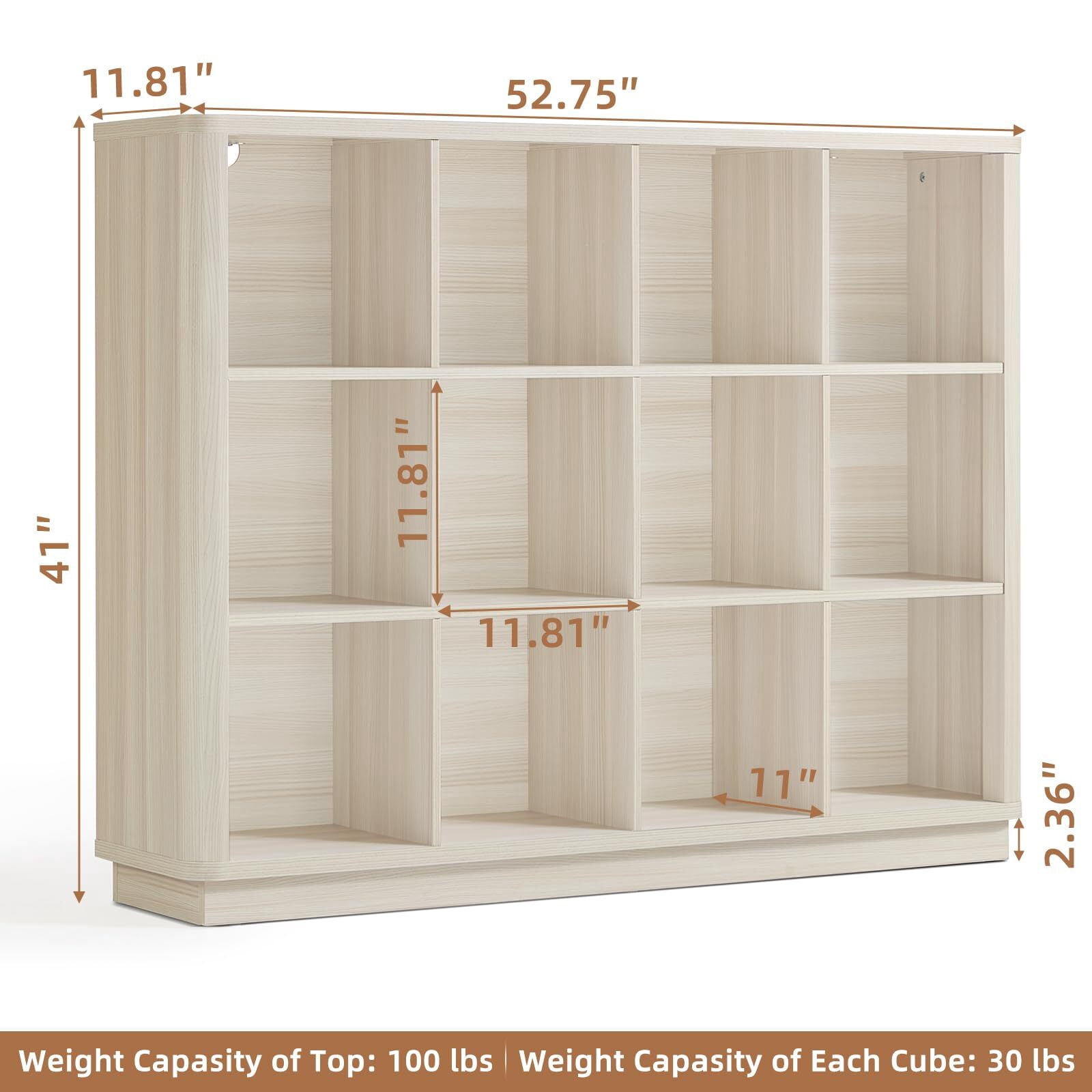 Buildhom 12-Cube 3-Tier Storage Bookcase, 41" Tall Floor Standing Bookshelf with Curved Edge for Living Room, Office, Gray-White