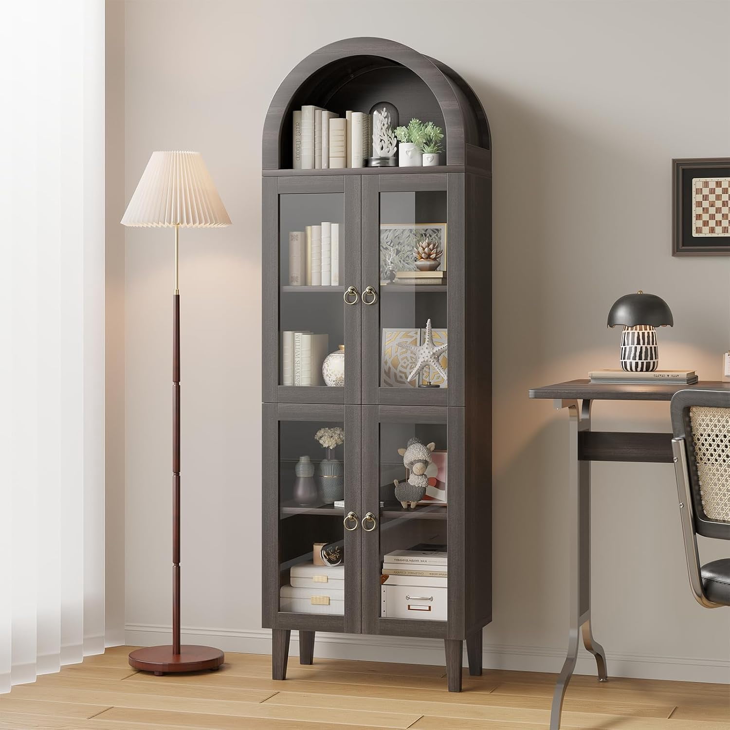 71" Tall Arched Cabinet with Acrylic Glass Door, Modern Curio Arched Bookcase, Display Cabinet Organizer, Kitchen Pantry with Top-Opening Storage Container for Living Dining Room, Black