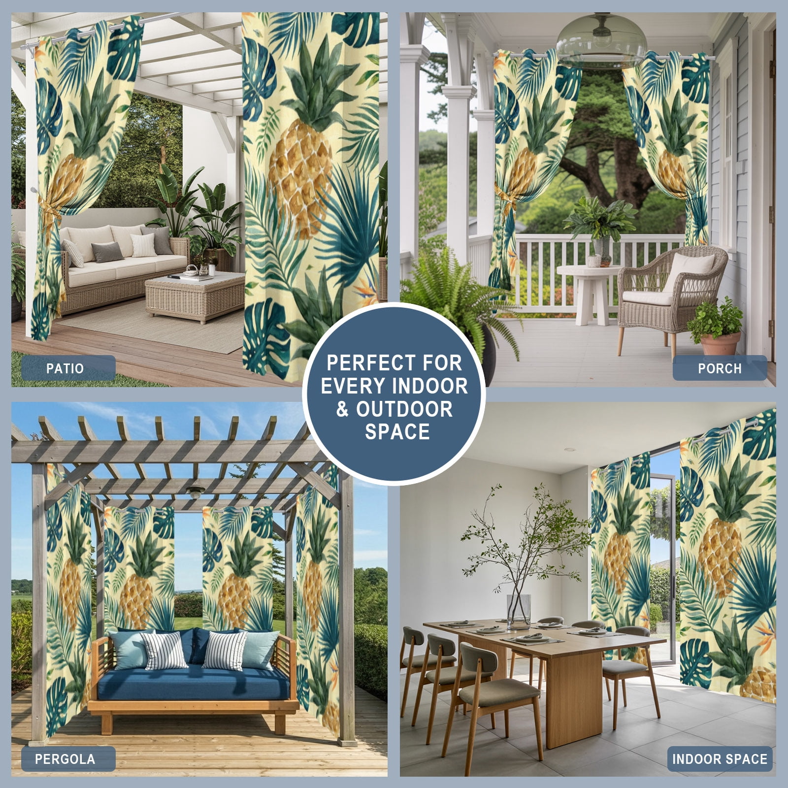 Yellow Pineapple Outdoor Curtains for Patio, Summer Palm Leaf Tropical Fruit Botanical Coastal Sunshade Privacy Drapes Grommet Waterproof Outside Curtains for Porch/Cabana/Balcony 54"x 108", 1 Panel