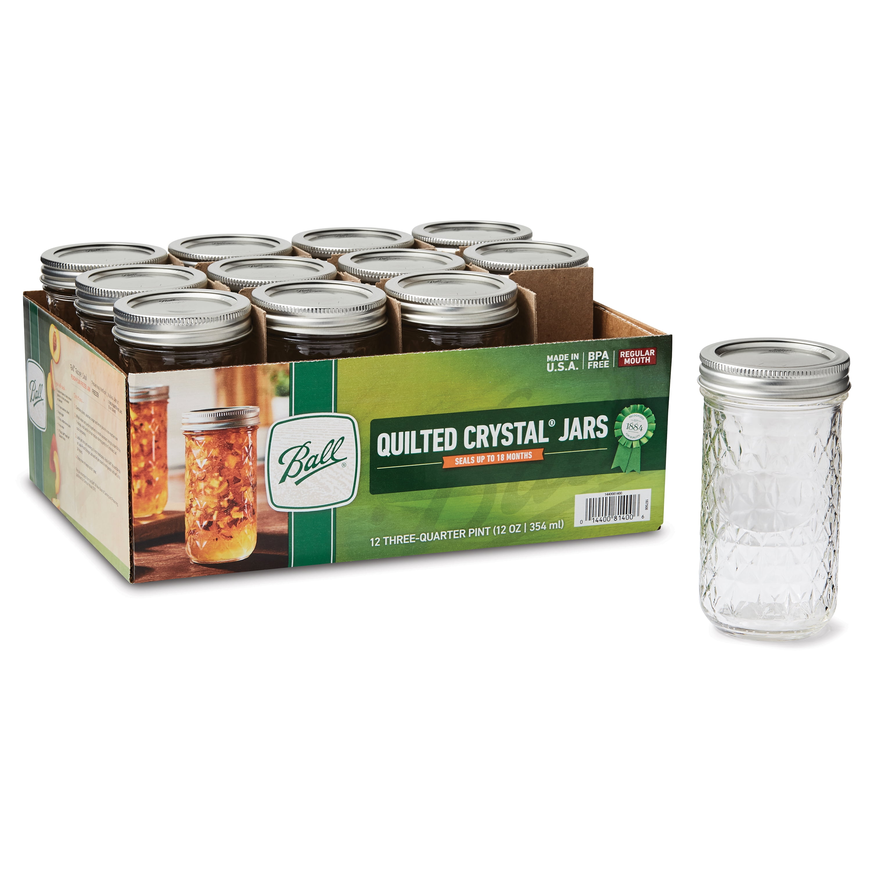12 Count Ball Regular Mouth Quilted Crystal Jelly Jars with Lids and Bands .2 Case, Regular Mouth 12 oz 