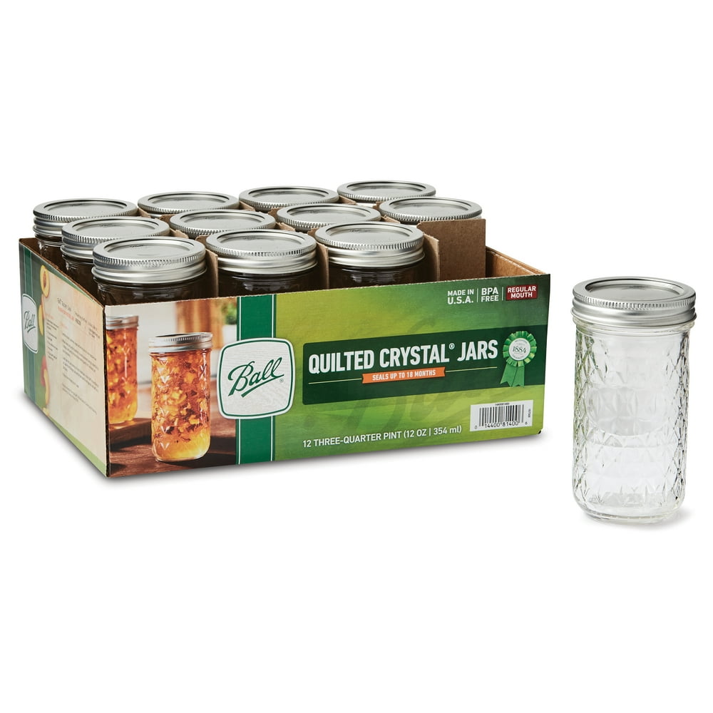 Ball, Quilted Crystal Glass Mason Jars with Lid & Bands, Regular Mouth
