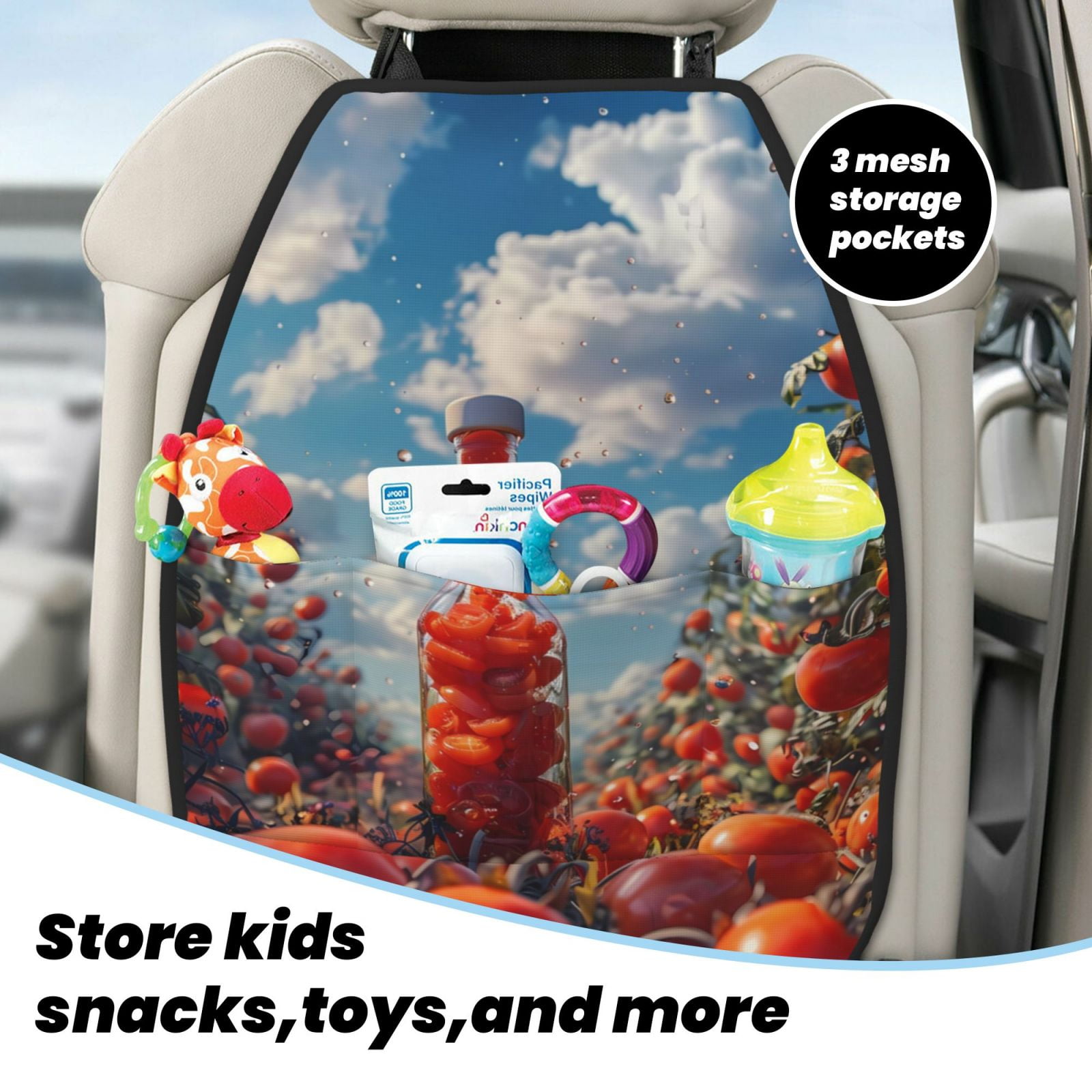 Kdxio Tomato Field Bottle Print 2 Pack Car Kick Mat Seat Cover Back Protector Mat with Pockets for Organizer Backseat Protector and Storage Anti Kick Pad for Vehicles