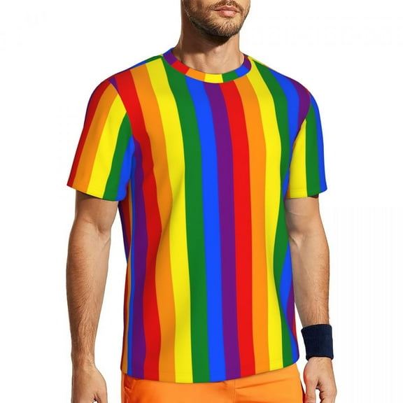 T Shirt For Men Sports Rainbow Print T-Shirts Trending Colorful Stripes Beach Tees O Neck Retro Grap