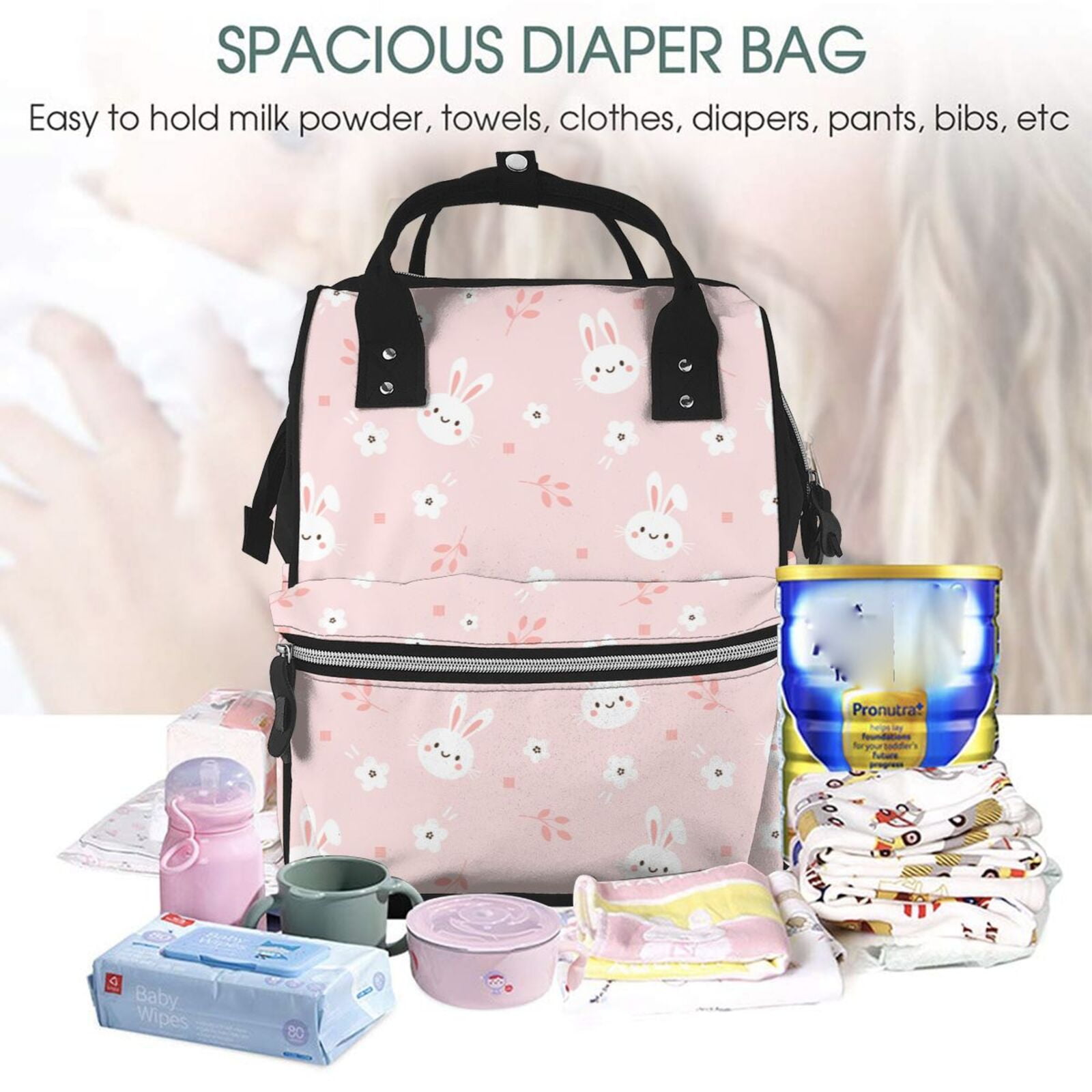 Ratiio Cute Bunny Mummy Backpack - Waterproof Twill Canvas, Large Capacity Diaper Bag with Multiple Pockets and Adjustable Straps