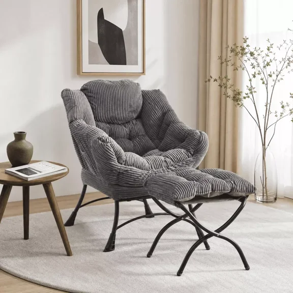 Lazy Chair with Ottoman, Modern Lounge Accent Chair with Armrests, Leisure Upholstered Sofa Chair Reading Chair with Footrest, Corner Chair-Grey