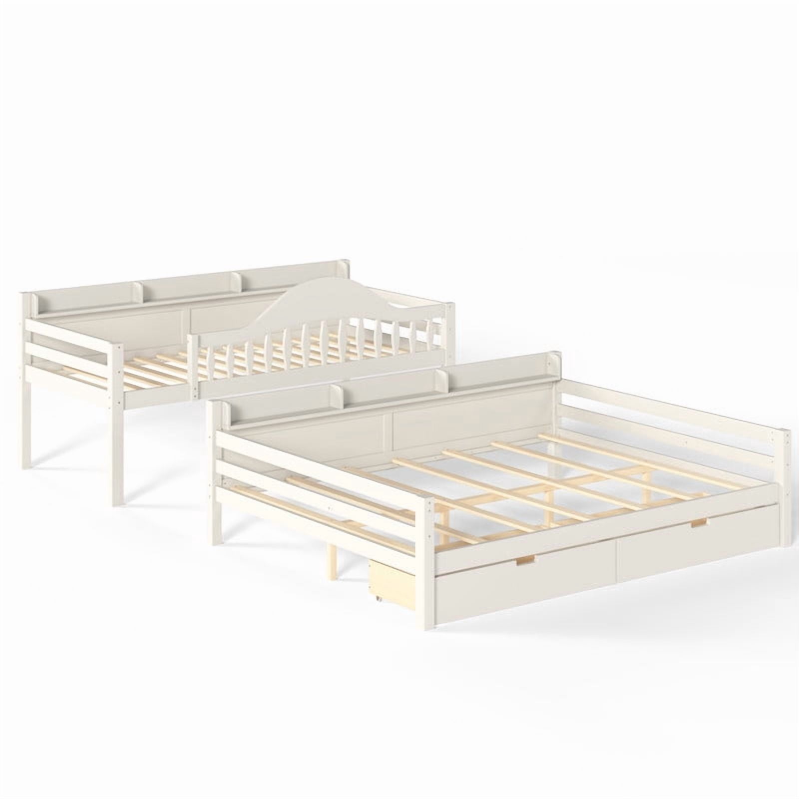 Twin XL-Over-Queen Wood Bunk Bed with Curved Guardrail & Ladder, Chic Kids Storage Bed Frame with Drawers & Bedside Shelves