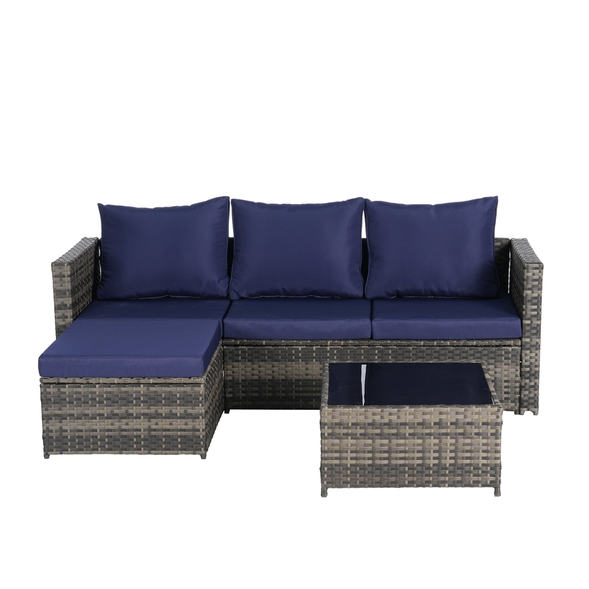 Aukfa Outdoor Patio Furniture Set - L shape Wicker Sectional Sofa with Coffee Table - Navy Blue Cushions