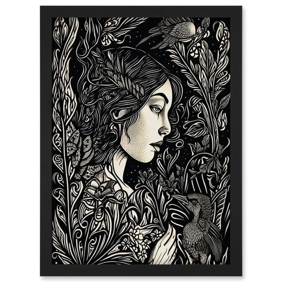 Woman with Crow in a Field Black and White Linocut Artwork Framed Wall Art Print A4