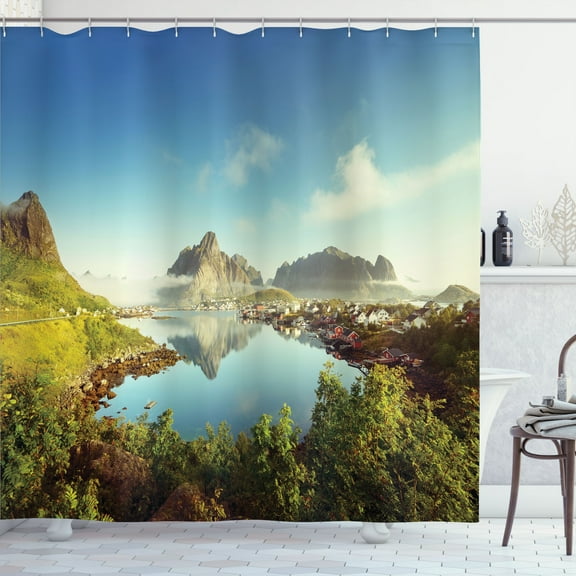 Ambesonne Scenery Shower Curtain, Sunny Fall Day Image, 69"Wx84"L, Green Blue