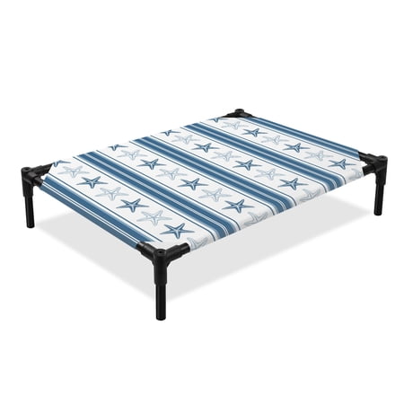 Coastal Navy Blue Stripes Elevated Dog Bed Starfish Minimalist Nautical Beach Summer Cooling Breathable Outdoor Raised Dog Cot Bed with Metal Frame Non-Slip Feet for Large Dog 28x22in