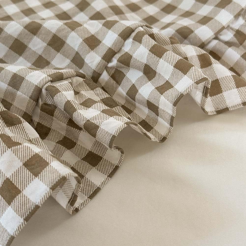 Tan Gingham Ruffle Queen Comforter Set, Taupe Ruffled Plaid Bedding Set, Ruffled Checked Bed Comforter 3 Pieces(Tan Gingham, Queen)