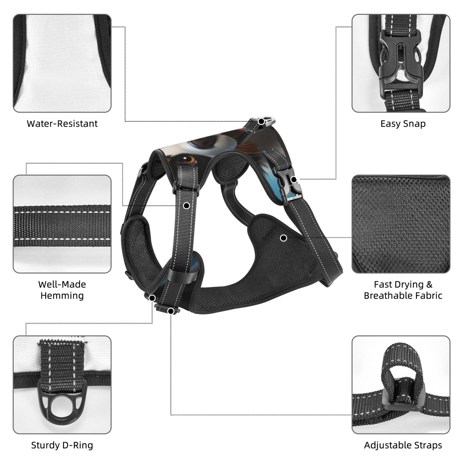 Kdxio Playful Smile Cute Dog Print No Pull Dog Harness Adjustable Reflective Oxford Easy Control Medium Large Dog Harness for Training and Everyday-Medium