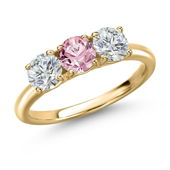 Gem Stone King 10K Yellow Gold Pink and White Lab Grown Diamond Engagement Ring for Women | 1.50 Cttw | Round 5MM | Gemstone April Birthstone | Size 5