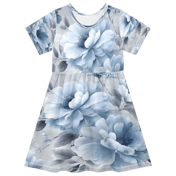 Girls Short Sleeve A-Line Dress White Floral Pattern Play Dress Sizes 2T