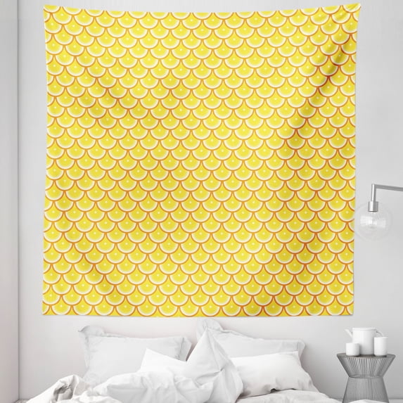 Tangerine Tapestry, Retro Pattern with Abstract Overlap Round Slices of Citrus, Fabric Wall Hanging Decor for Bedroom Living Room Dorm, 5 Sizes, Pastel Yellow Orange, by Ambesonne
