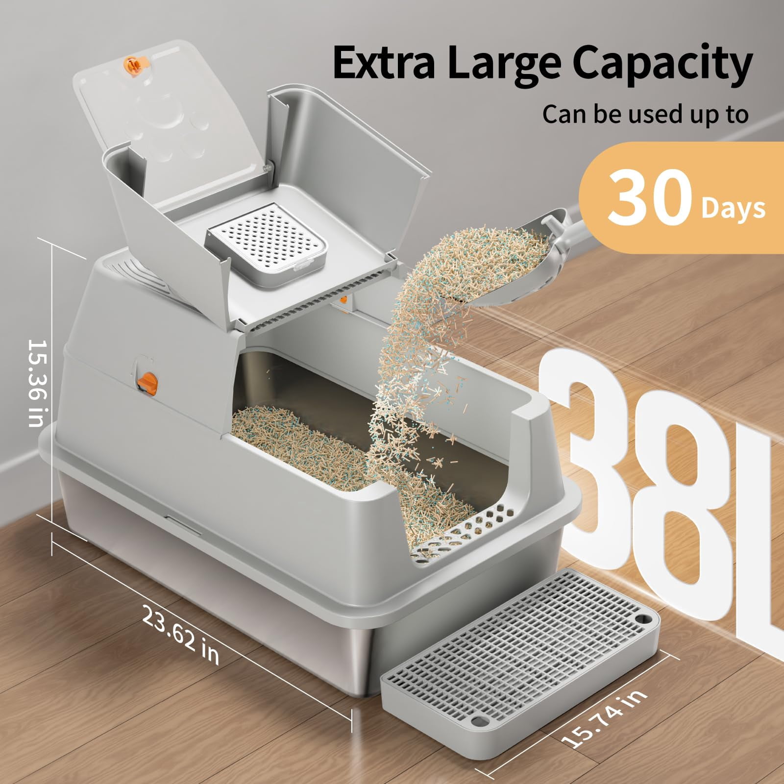 Stainless Steel Cat Litter Box With Lid  180° Flip-top Xl Extra Large Enclosed Covered Metal High Sided Pan Steps & Scoop Easy Cleaning Odor Control Non-sticky-grey