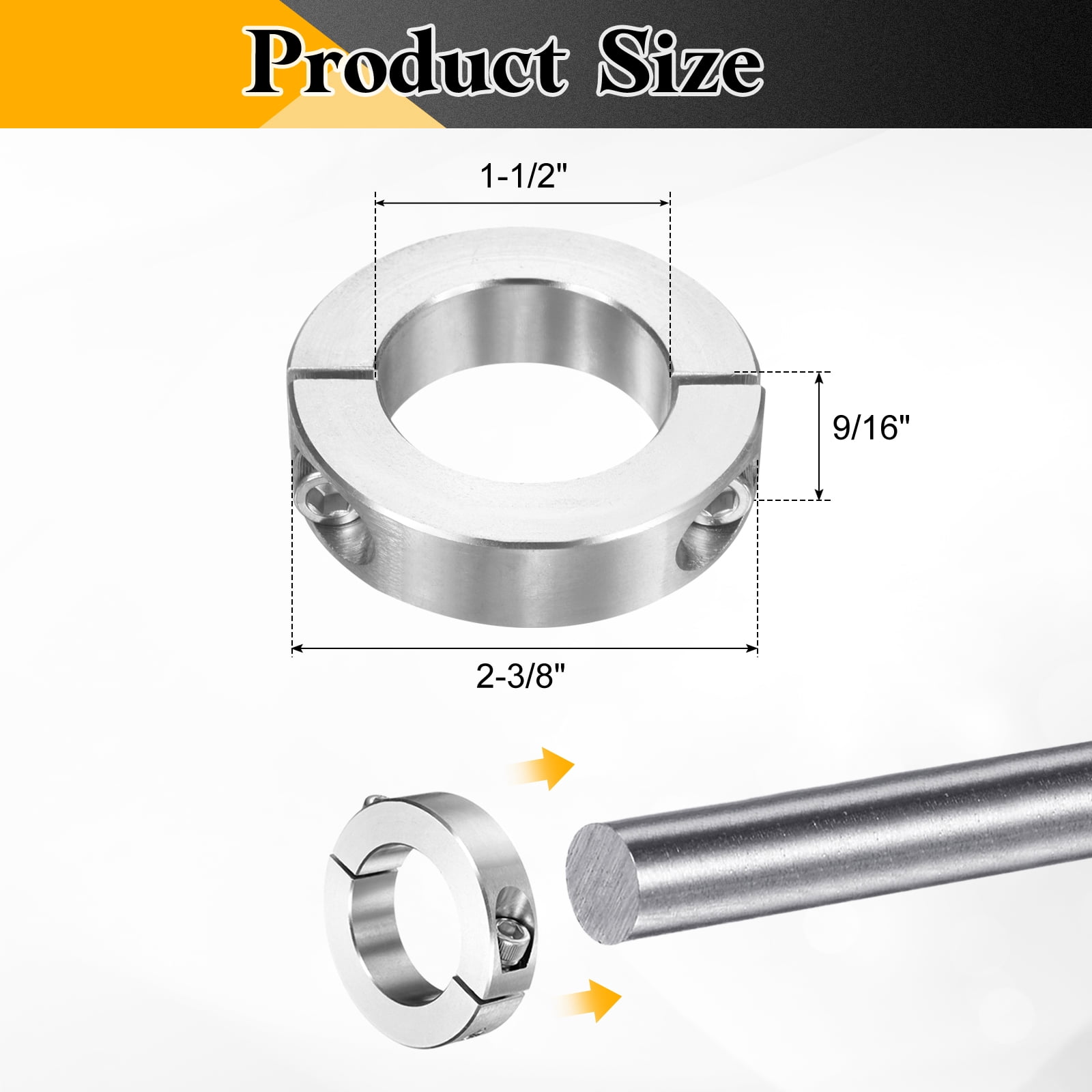 Uxcell Double Split Shaft Collar 1-1/2" Bore, Two Piece Clamping Collar 2-3/8" OD 9/16" Thickness, 303 Stainless Steel Set Screw Split Collar