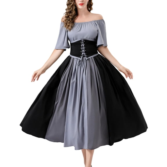 Haivin Women's Renaissance Corset Dress, Two-Tone and Solid Color Medieval Vintage Court Gown, Lace-Up Waist Cinching Costume for Themed Parties and Cosplay