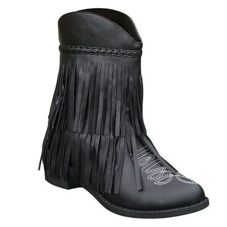 

Women s Fashionable Western Fringe Cowboy Low Heel Flock Tassels Short Boots