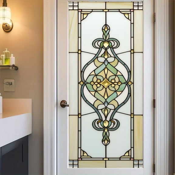 European Style Stained Glass Window Film, Decorative Privacy Window Film, Static Cling Removable Glass Cover Sun Blocking Anti UV for Home Bathroom Living Room 17.7x 39.4 Inches