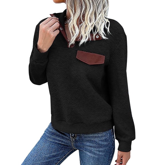 Baqcunre Hoodies For Women Autumn And Winter Long Sleeved Vintage Patchwork Stand Collar Pullover Cotton Hoodie Crewneck Sweatshirts Womens Fall Tops Black L