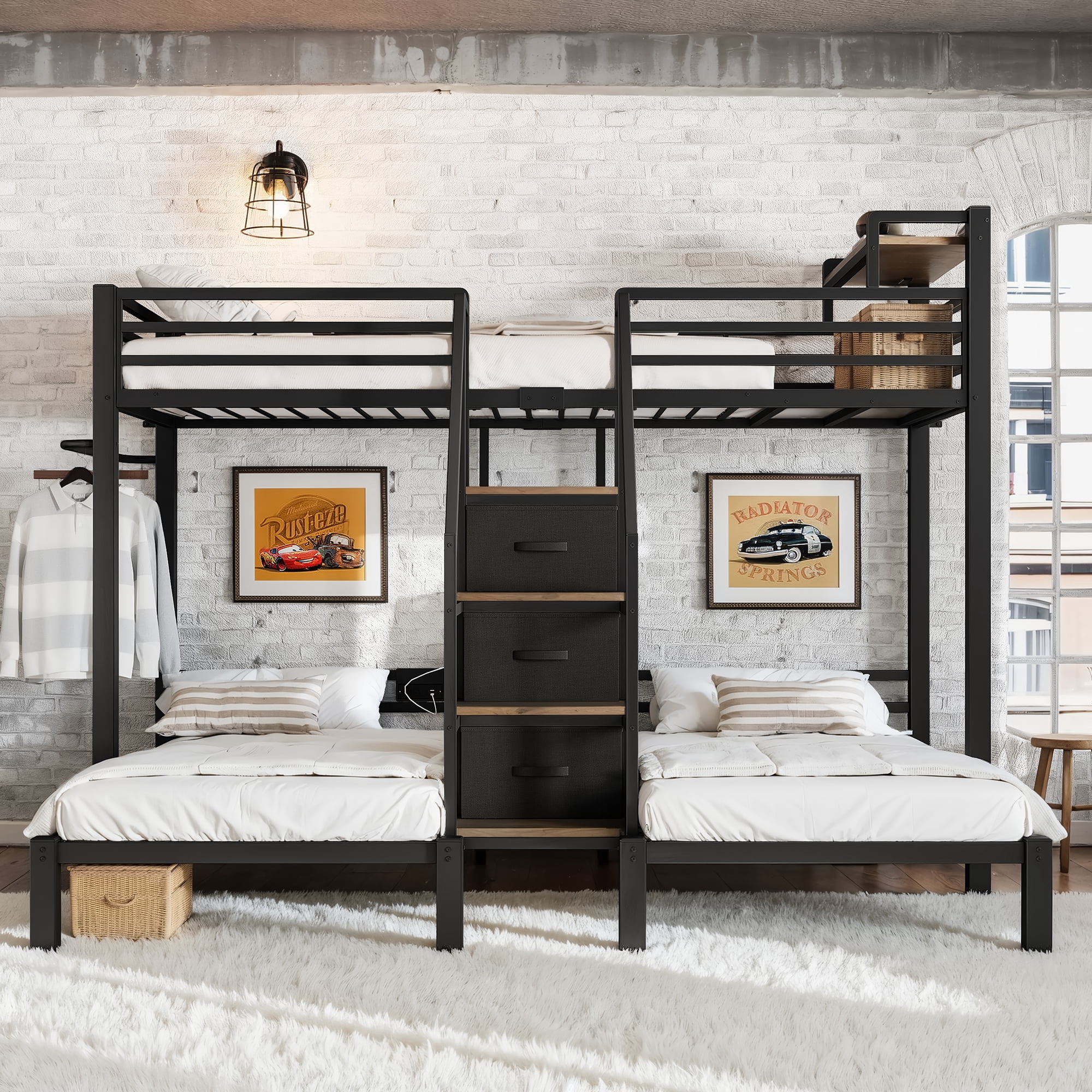HOQBN Triple Bunk Bed Twin over Twin,Heavy Duty Metal Bed Frame with Storage Stair Drawers,No Box Spring Needed,Black