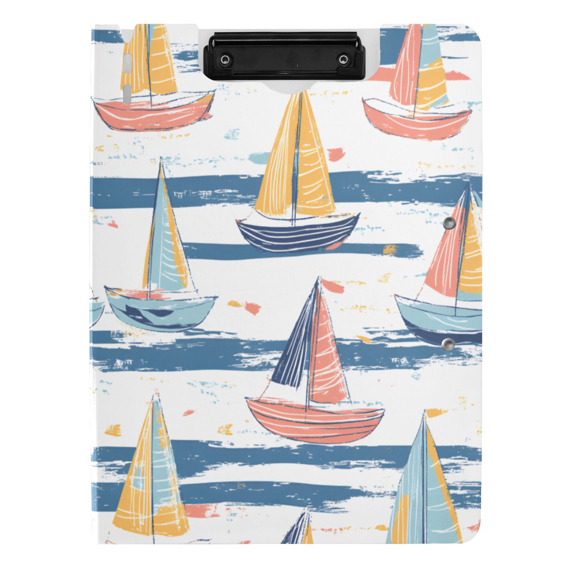 FORMRS A4 Clipboard Folder with Pen Holder Horizontal Foldable School Office Binder, White Hand Drawn Sailboats