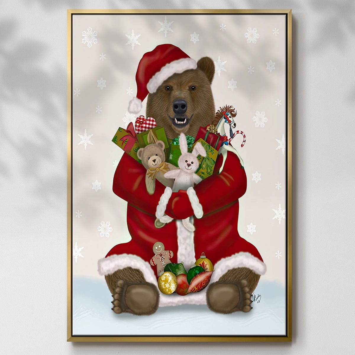 Christmas Christmas Present Bear Hug - Framed Gallery Wrapped Holiday Canvas - 25 x 37 - Gold Frame