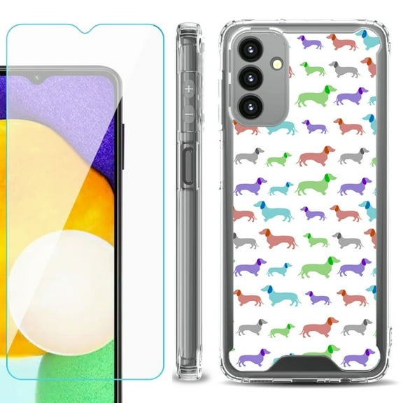 Shockproof Bumper Phone Case for Samsung Galaxy A13 5G, with Tempered Glass Screen Protector, by OneToughShield ® - Colorful Dachshund/Puppy