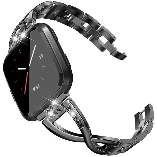 Bracelet Bling Compatible avec Fitbit Versa/Versa 2 pour Femmes, Doté d'Un Bracelet en Acier Inoxydable avec des Strass Étincelants au design Bicolore Argent et or rose. la Sangle Ajustable s'Adapte aux Tailles de Poignet de 5,3 Pouces à 8,1 Pouces et Comprend des Épingles à Dégagement Rapide pour une Fixation Facile. le design Élégant et Léger Transforme le Fitbit Versa en un Accessoire Stylé Adapté au Port Quotidien Ou aux occasions Spéciales.