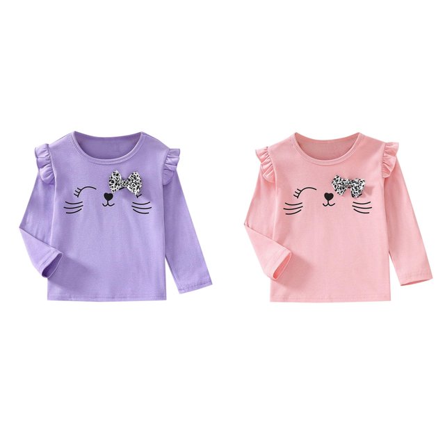 (Lot de 2) Rinsvye T-Shirt à Col Rond Doux pour Tout-Petits Sans Bretelles pour Filles Hauts Confort Basique Manches Longues T-Shirt Imprimé Manches Longues T-Shirt Manches Longues Blouse