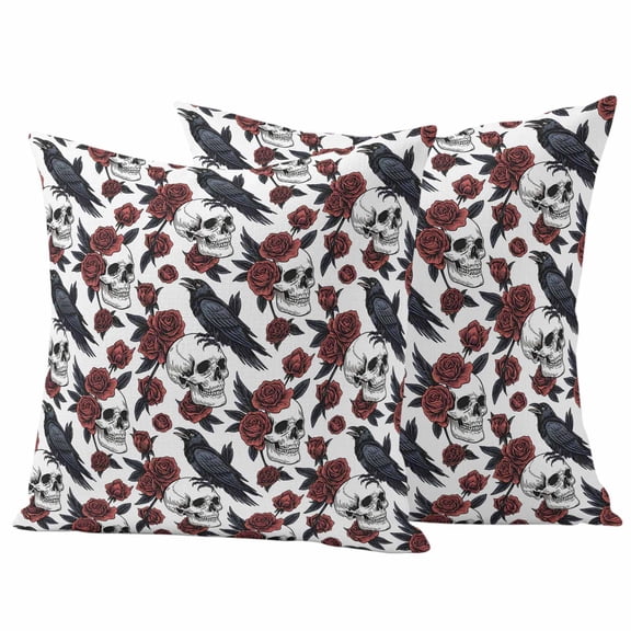 White Skull Halloween Outdoor Waterproof Pillow Covers, Red Roses Birds Vintage Decorative Square Throw Pillowcase Sofa Cushion Sham for Patio/Couch/Chair, 16"x16" 2 Pack
