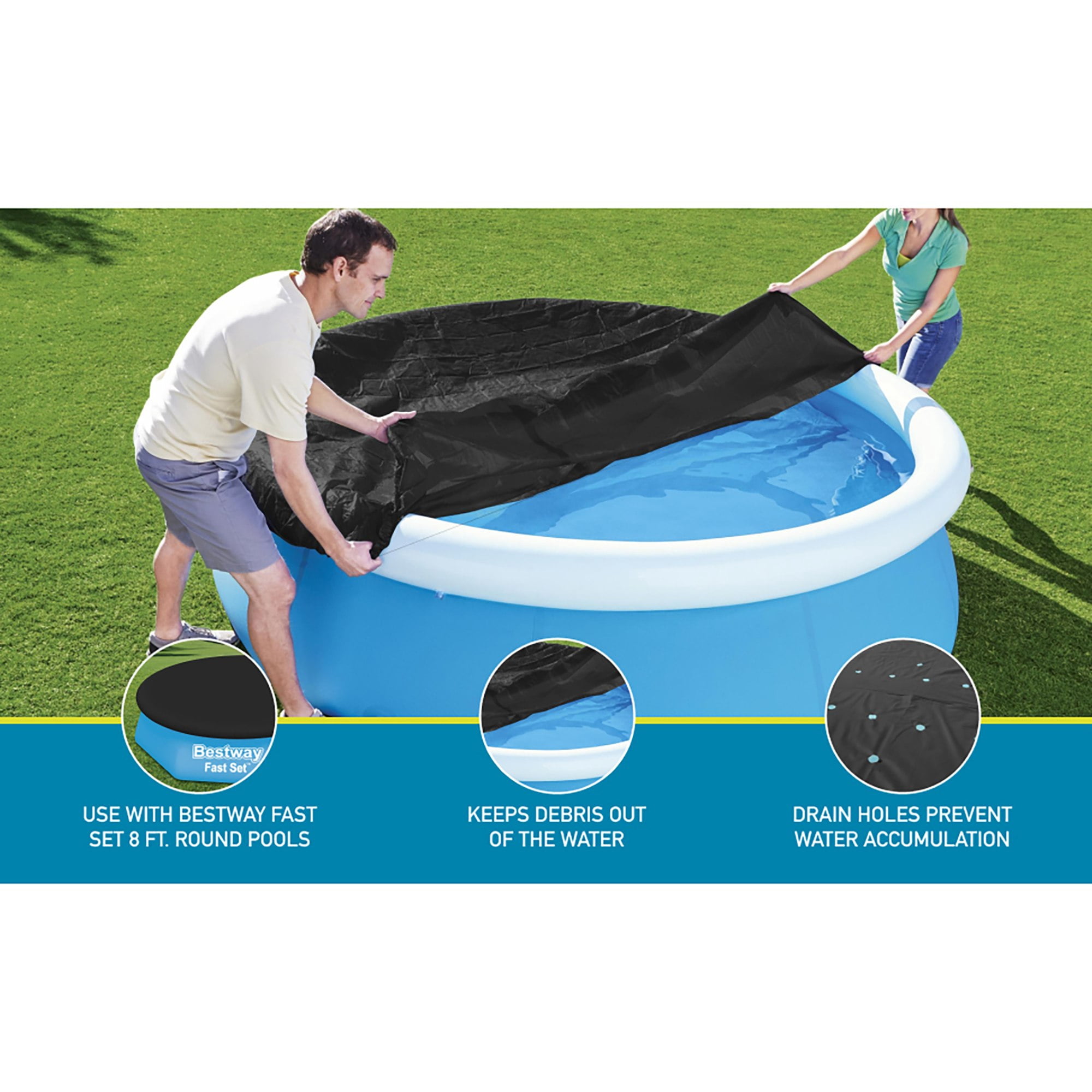 Bestway: 8' Round Pool Cover - Above Ground Pool Protector, Clear Water Maintenance Accessory, Drain Holes & Secure Rope, Durable PVC, Keep Out Debris
