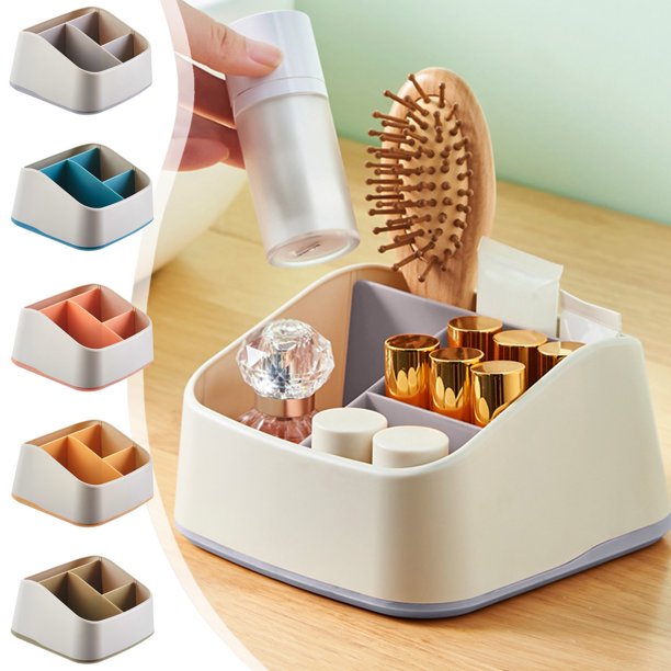 Caja organizadora de almacenamiento de escritorio para suministros de oficina | Contenedor organizador de escritorio de 4 compartimentos | Material plástico | Diseño compacto que ahorra espacio | Se
