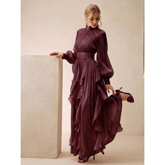 Burgundy Long Sleeve Pleated Ruched Waist Maxi Dress With Ruffle Hem