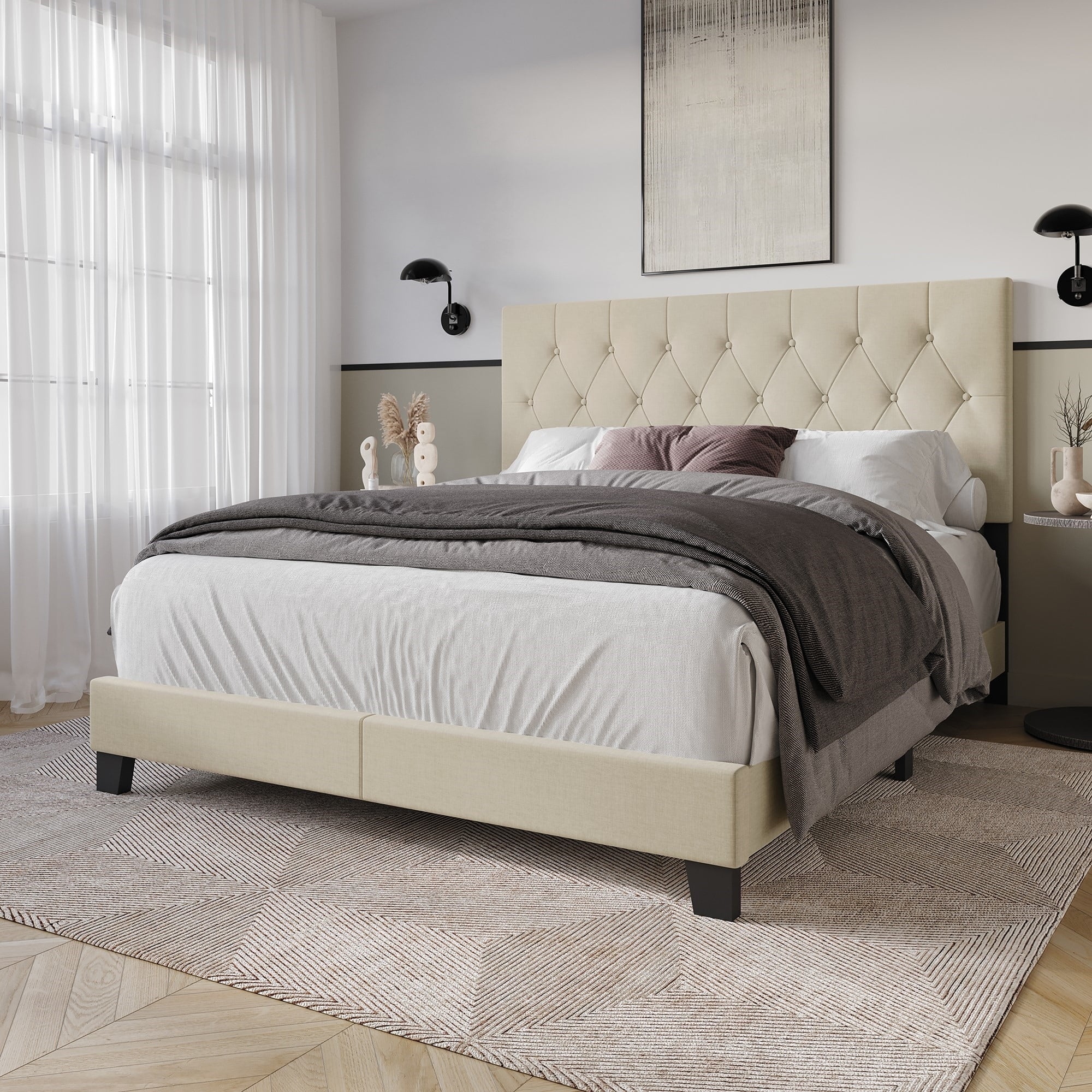 Home Design Dillon King Tufted Upholstered Panel Bed Frame with Button Tufting and Foam-Filled Headboard, Beige, Easy Assembly