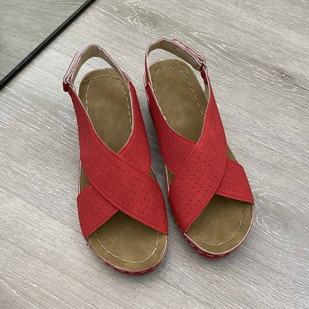 

VKEKIEO Round Toe Block Heels For Women Flat Heel Wedge Red