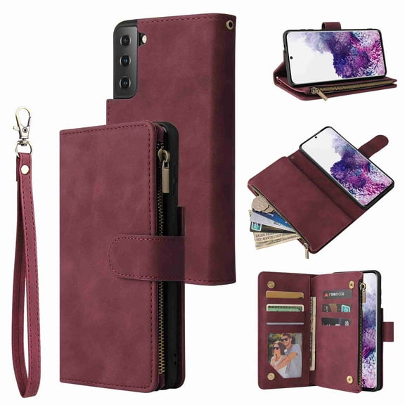 Galaxy S21 Plus Wallet Case, Dteck Soft Leather Zipper Wallet Case Magnetic Buckle Horizontal Flip Cover with 5 Card Slots/Photo Pocks for Samsung Galaxy S21 Plus, Winered