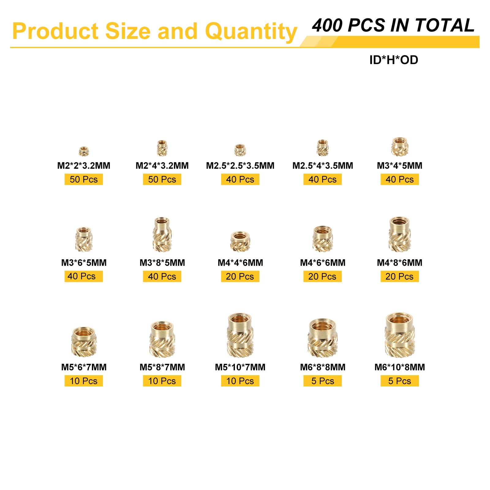 Uxcell 400pcs M2 M2.5 M3 M4 M5 M6 Metric Threaded Insert Brass Heat Set Insert Knurled Nuts Assortment Kit, 3D Printing Brass Nuts Female Threaded Inserts Nuts with Heat Set Insert Tips
