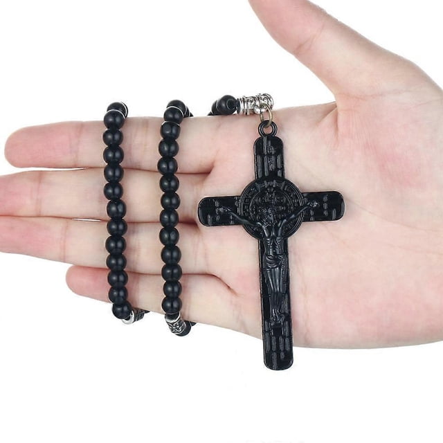 Religious Jesus Cross Necklace Saint Benedict Medal Pendant Necklace for Men Women Leather Rope Black Beads Chain Jewelry Gift
